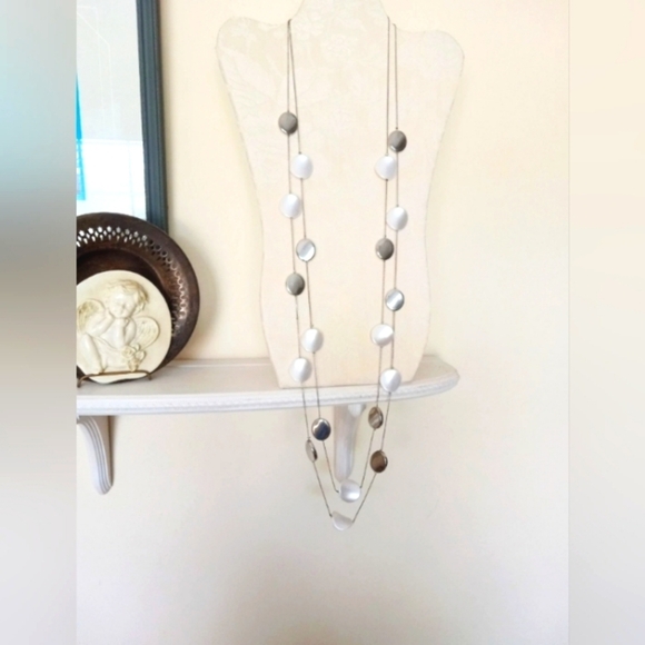 NY Necklace Silver & Gun Metal Color Flat Beads 2 Strand Station 38" - Picture 1 of 5